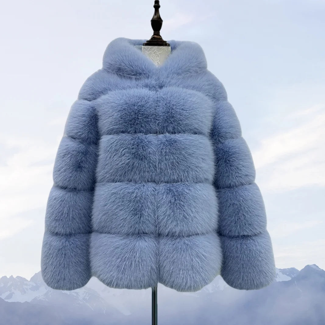 Light Blue Hooded Faux Fur Coat
