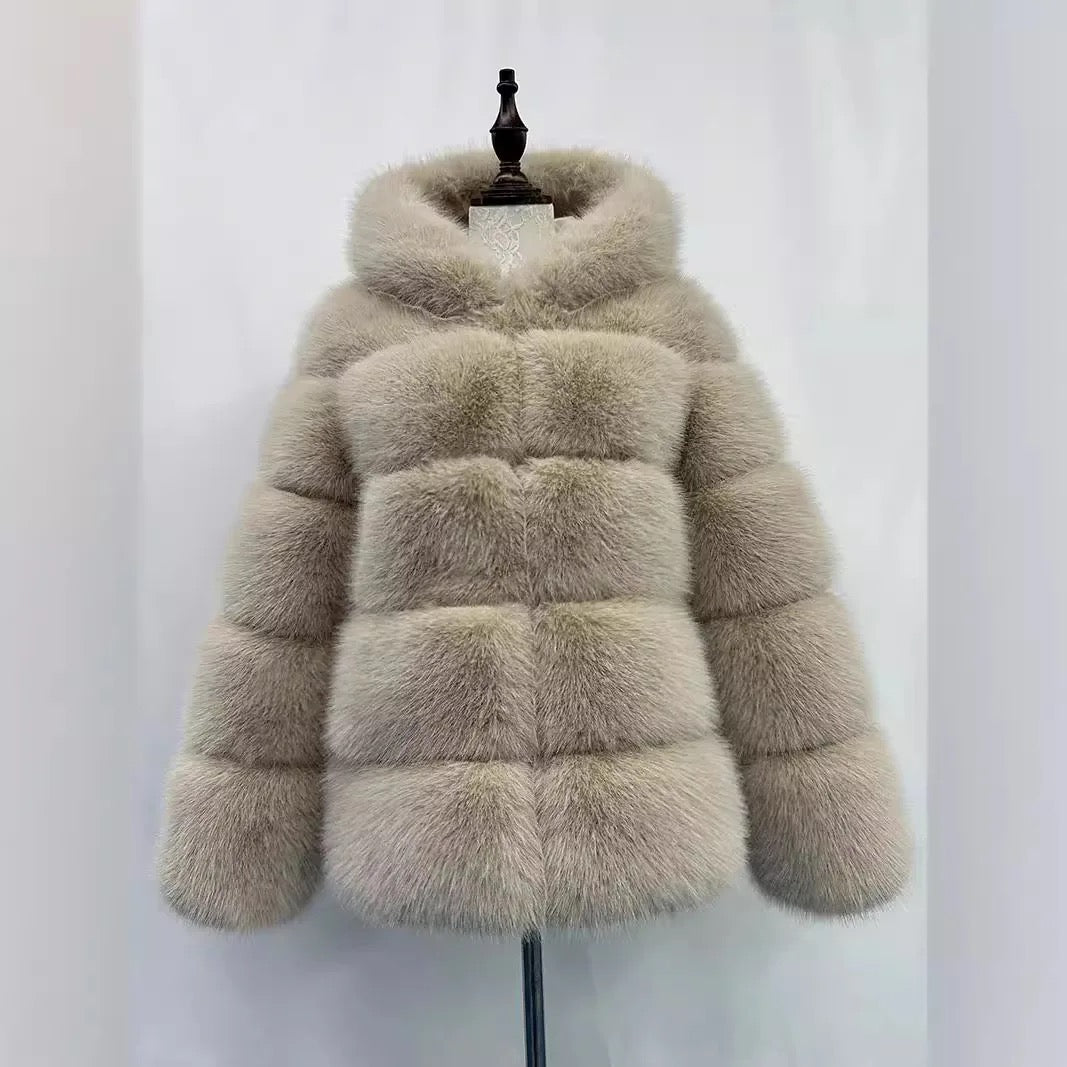 Cream Hooded Faux Fur Coat
