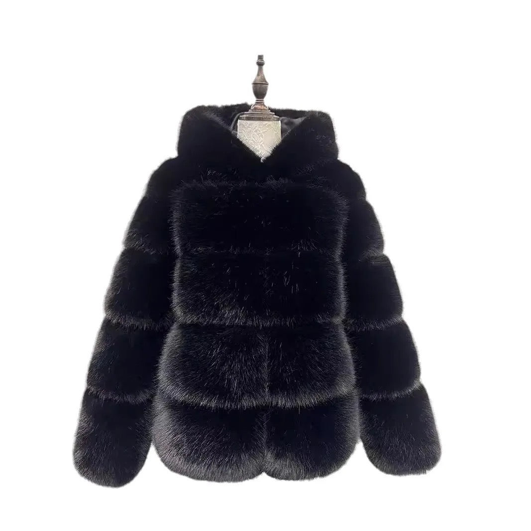 Black Hooded Faux Fur Coat