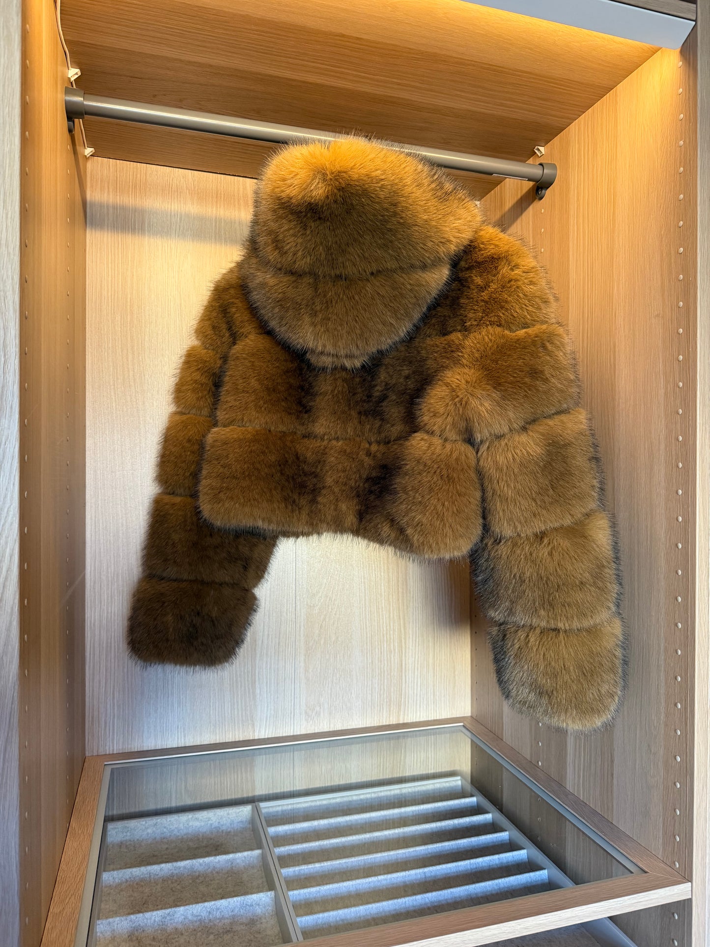 Faux brownish Cropped Hooded Fur Coat
