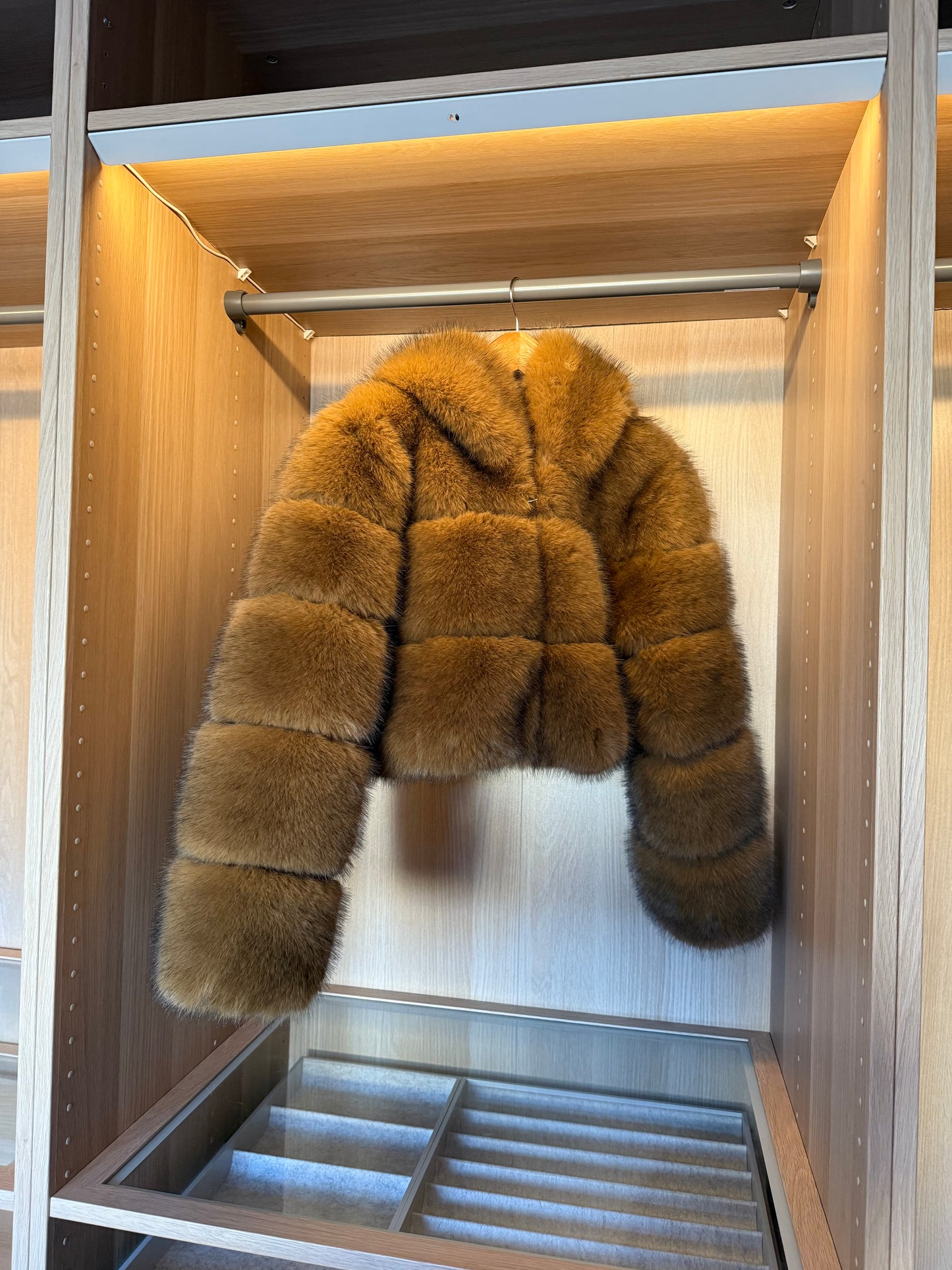 Faux brownish Cropped Hooded Fur Coat