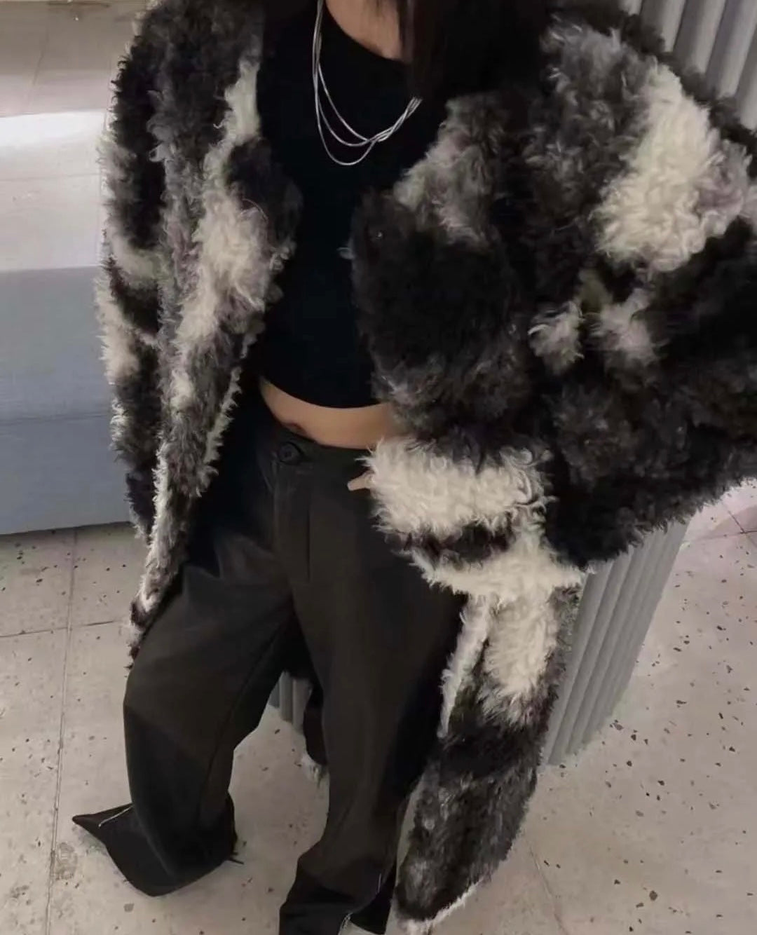 Black&White Long Faux Fur Coat
