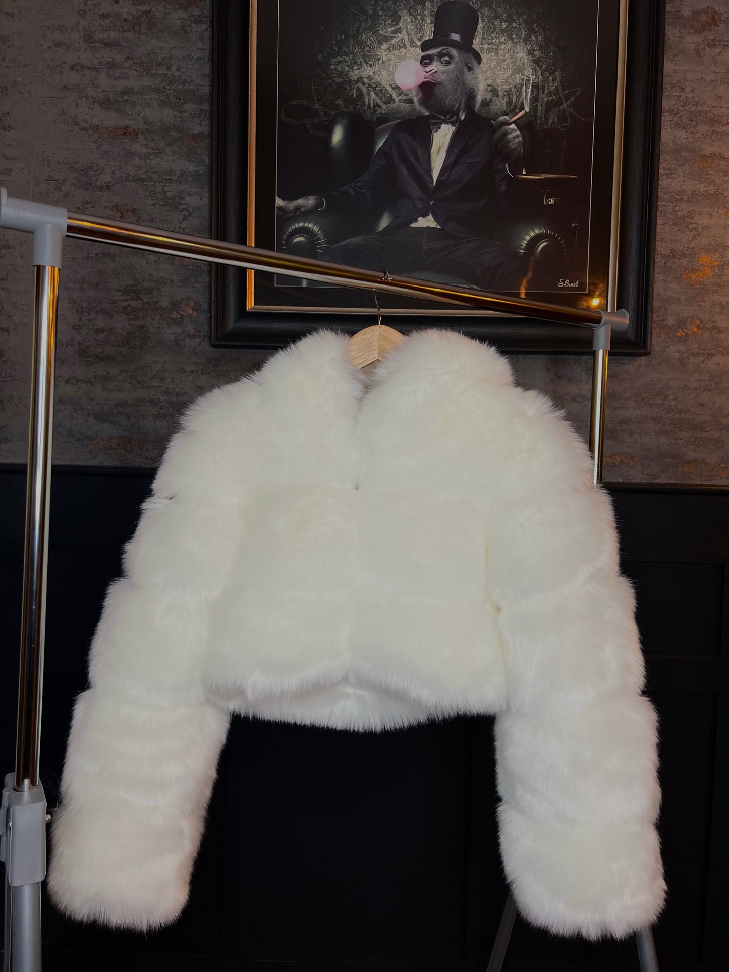 White Cropped Faux Fur Coat
