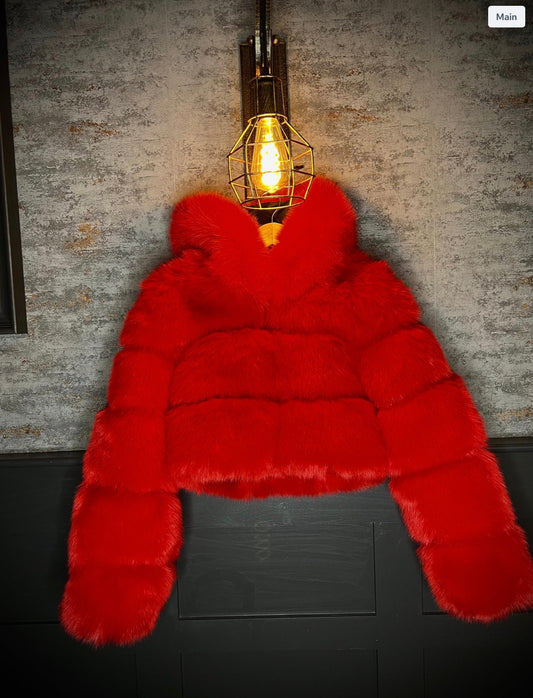 Red Cropped Faux Fur Coat