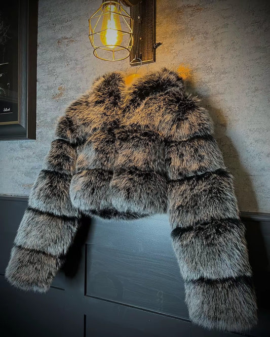 FoxGrey Cropped Hooded Faux Fur Coat