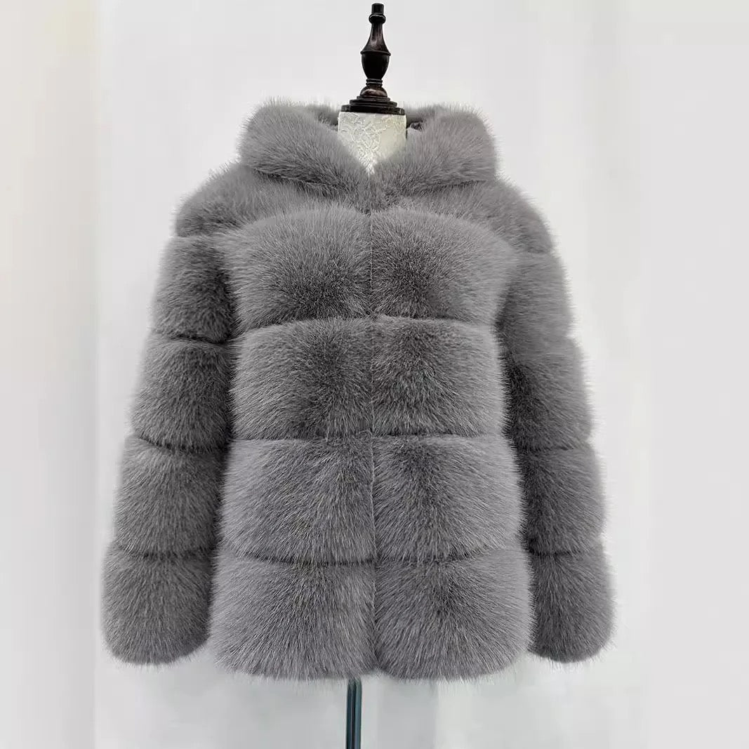 Light Grey Hooded Faux Fur Coat