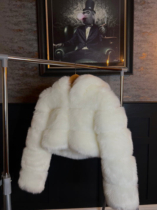 White Cropped Faux Fur Coat