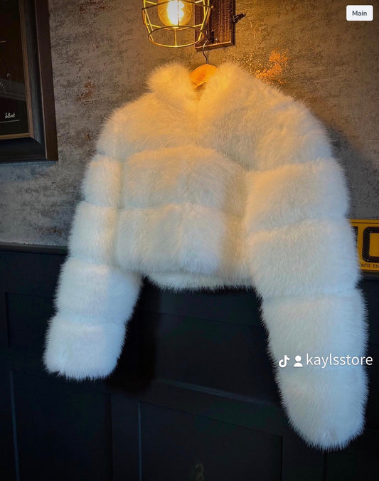 Luxury White Cropped Faux Fur Coat