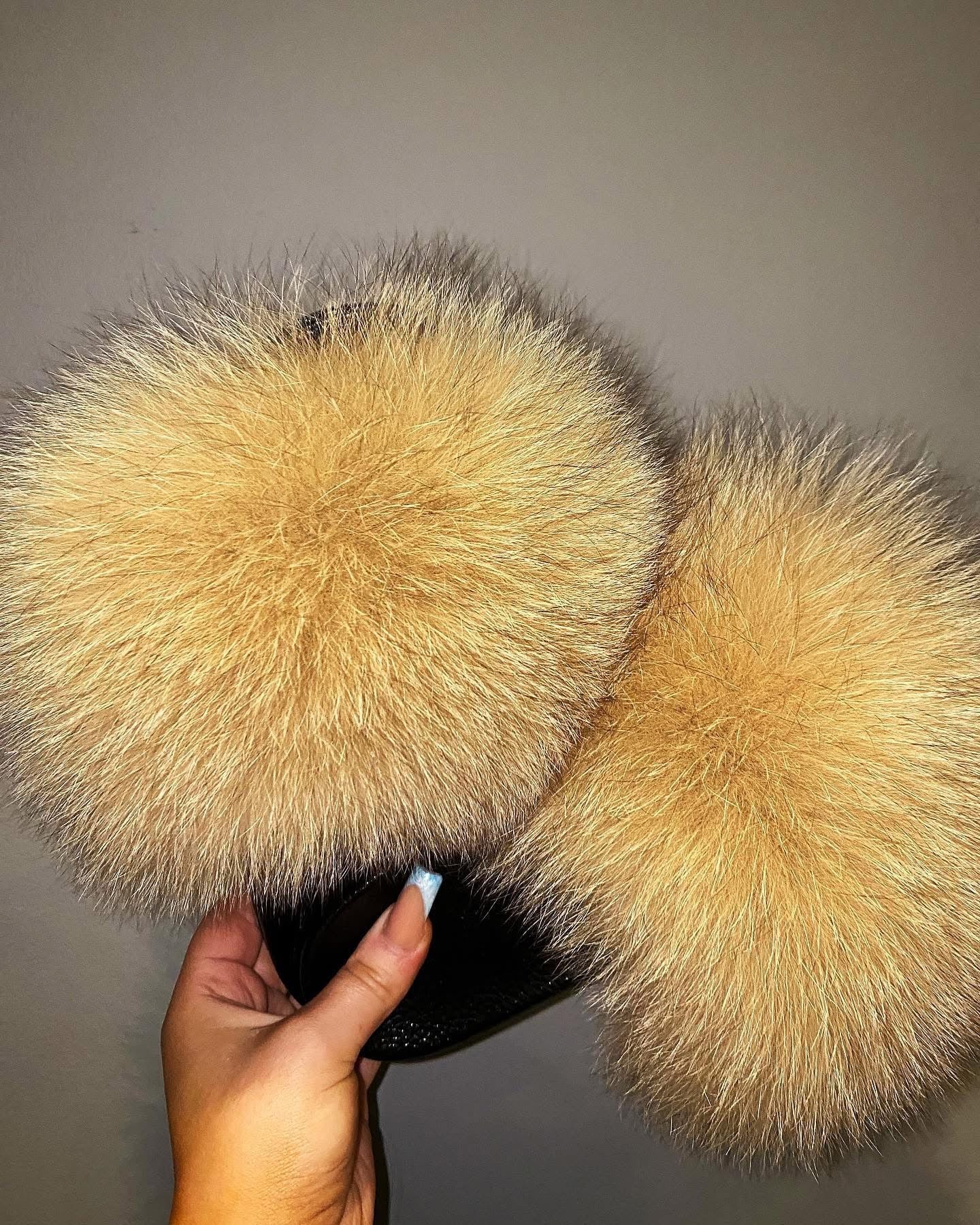 Beige Fox Fur Sliders