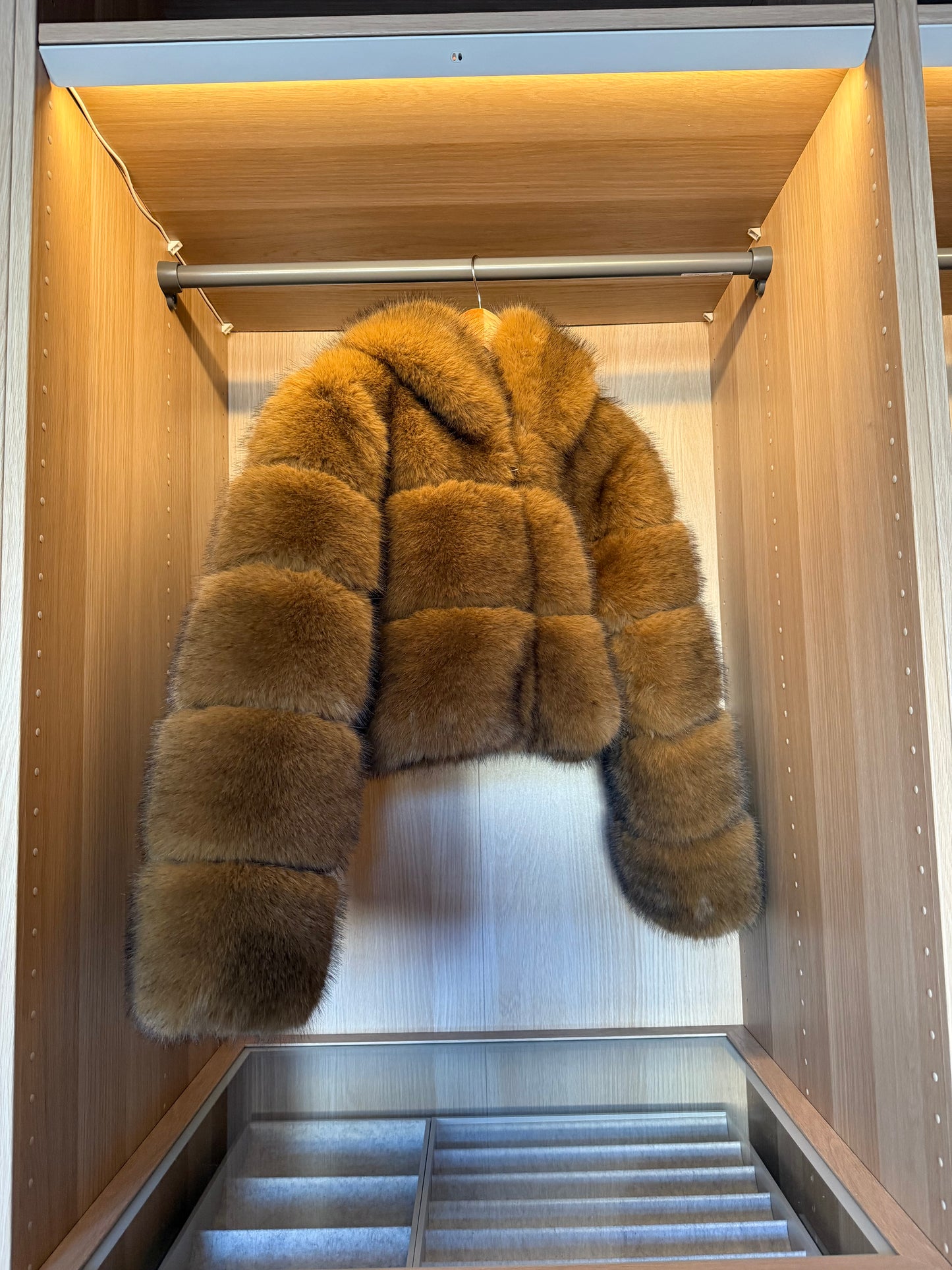 Faux brownish Cropped Hooded Fur Coat