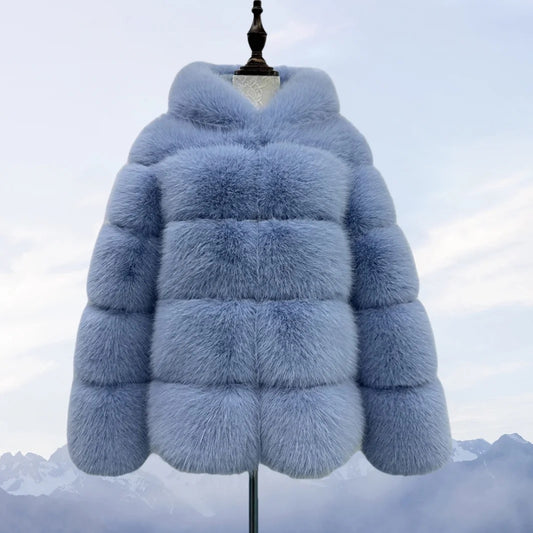 Light Blue Hooded Faux Fur Coat