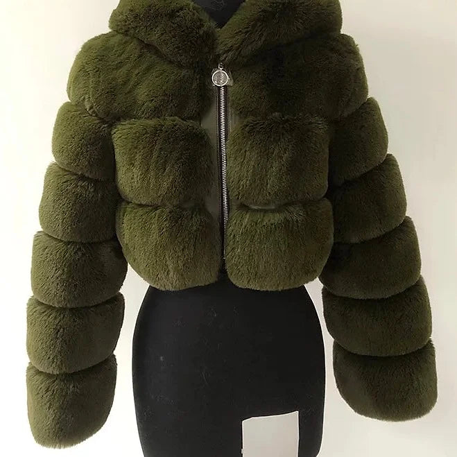 Green Hooded Cropped Faux Fur Coat