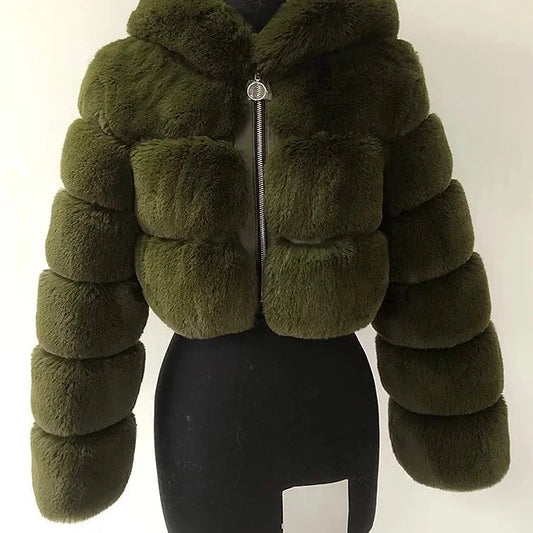 Green Hooded Cropped Faux Fur Coat