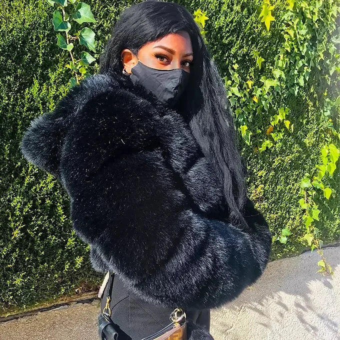 Black Hooded Cropped Faux Fur Coat