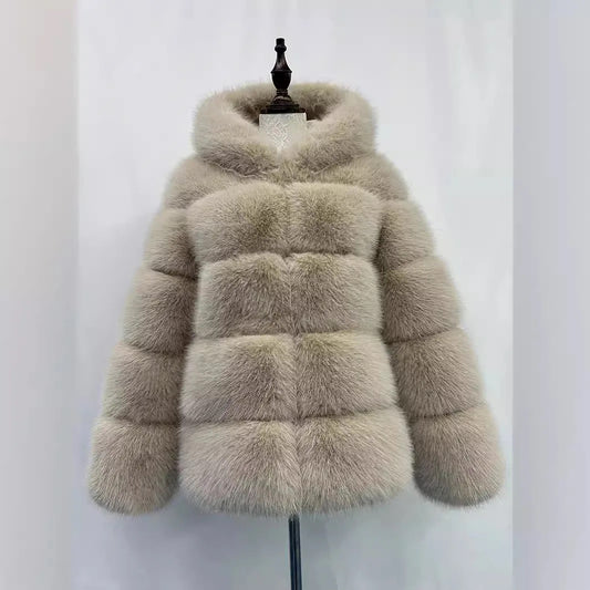 Cream Hooded Faux Fur Coat