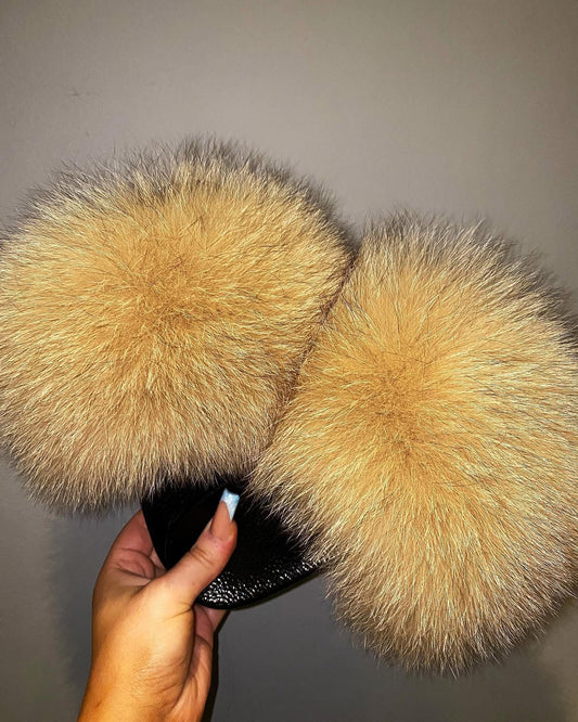 Beige Fox Fur Sliders