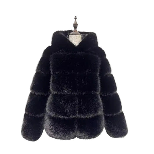 Black Hooded Faux Fur Coat