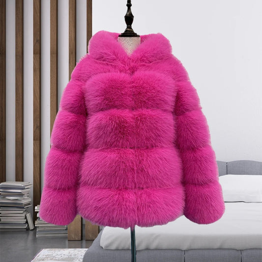 Hot Pink Hooded Faux Fur Coat