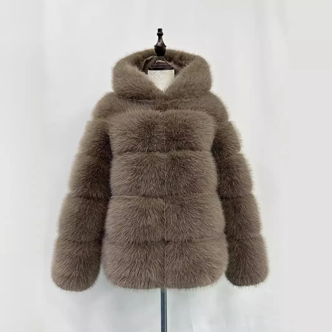 Mocha Hooded Faux Fur Coat