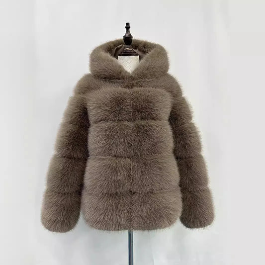 Mocha Hooded Faux Fur Coat