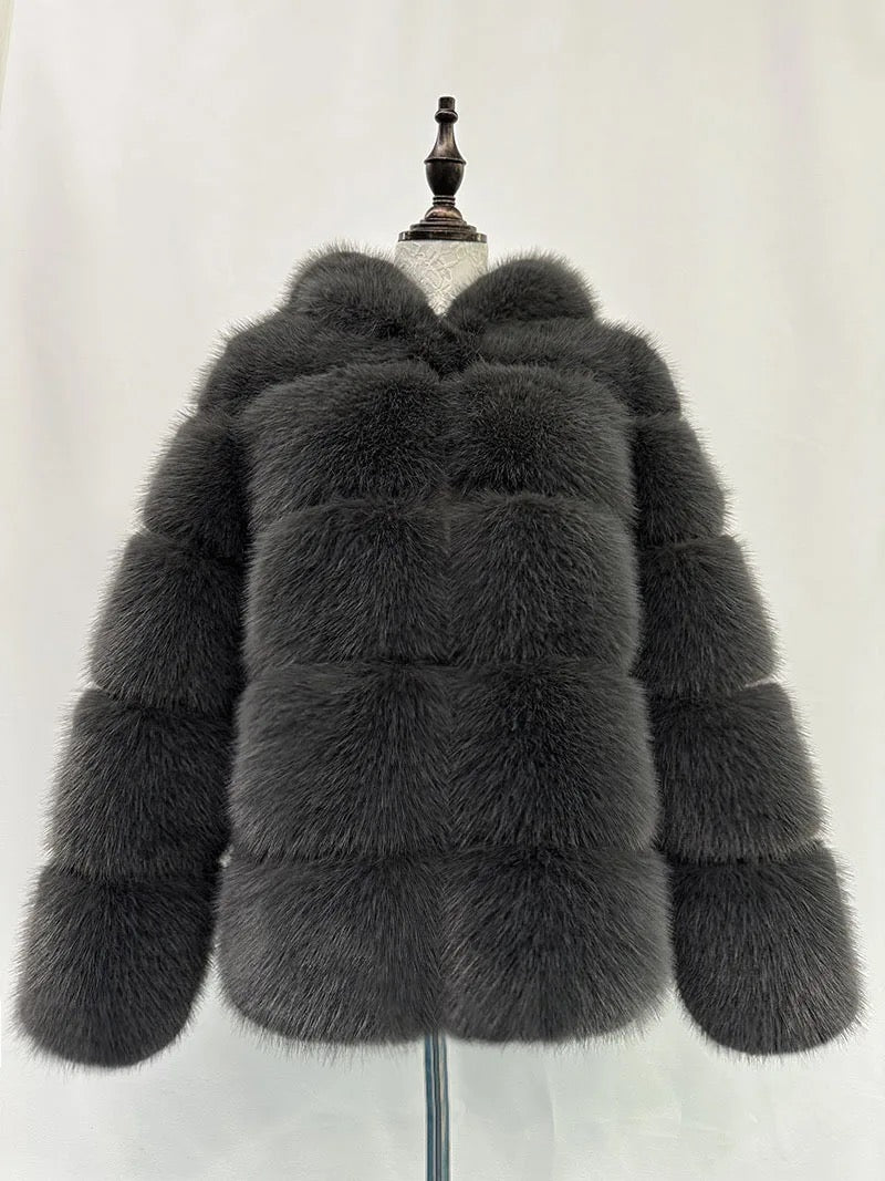 Dark Grey Hooded Faux Fur Coat