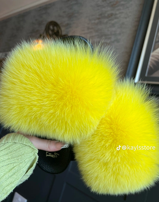 Yellow Fox Fur Sliders