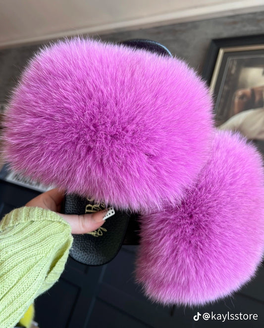 Pink Berry Fox Fur Sliders