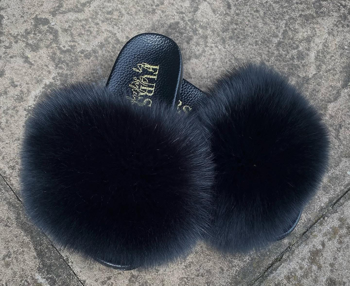 Black Fox Fur Sliders