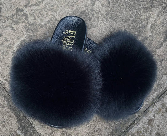 Black Fox Fur Sliders