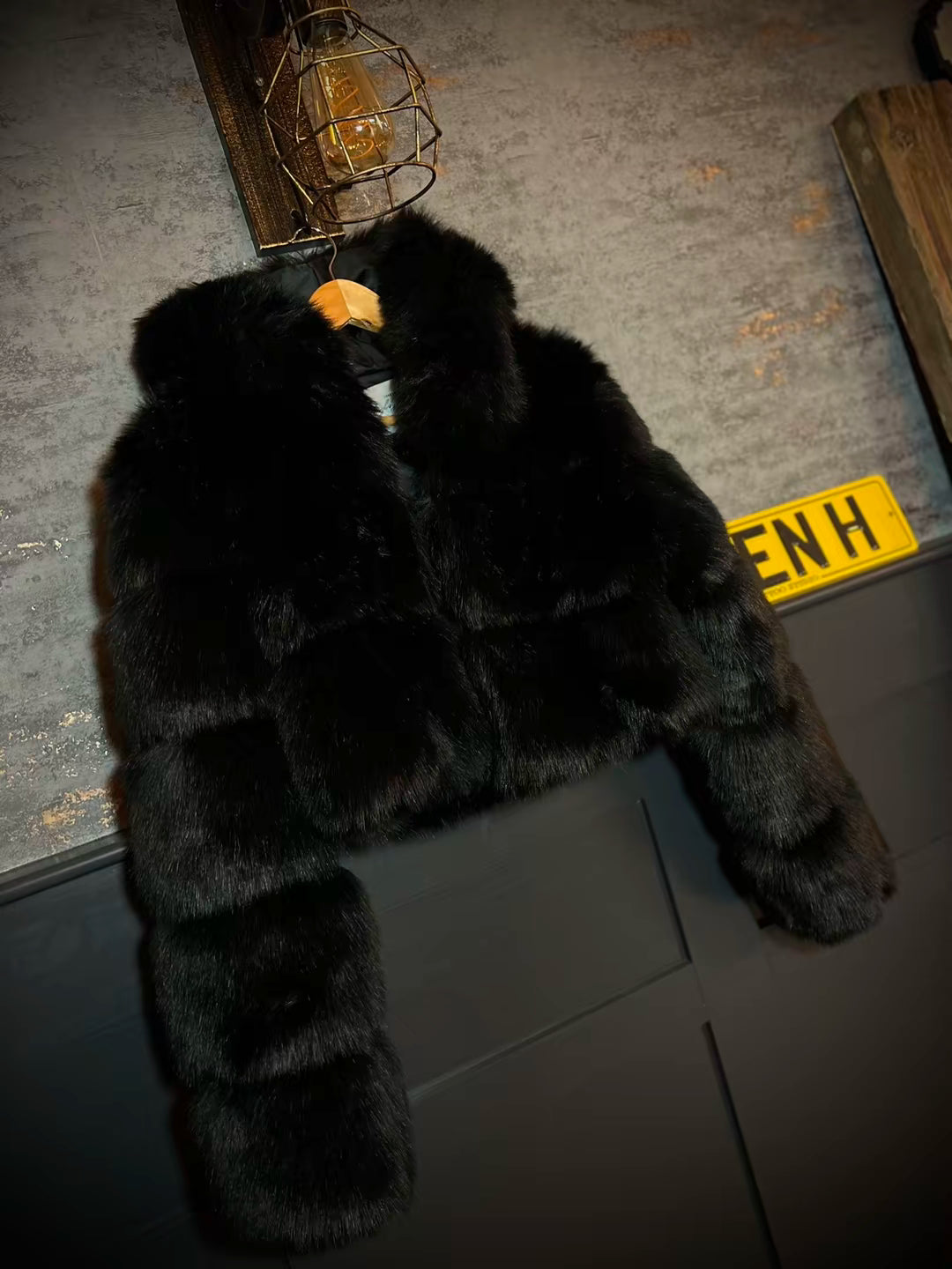 Black Hooded Cropped Faux Fur Coat