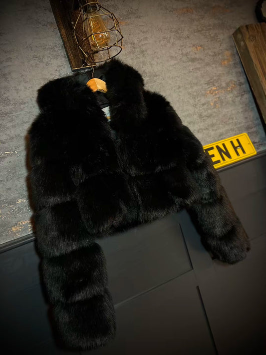 Black Hooded Cropped Faux Fur Coat