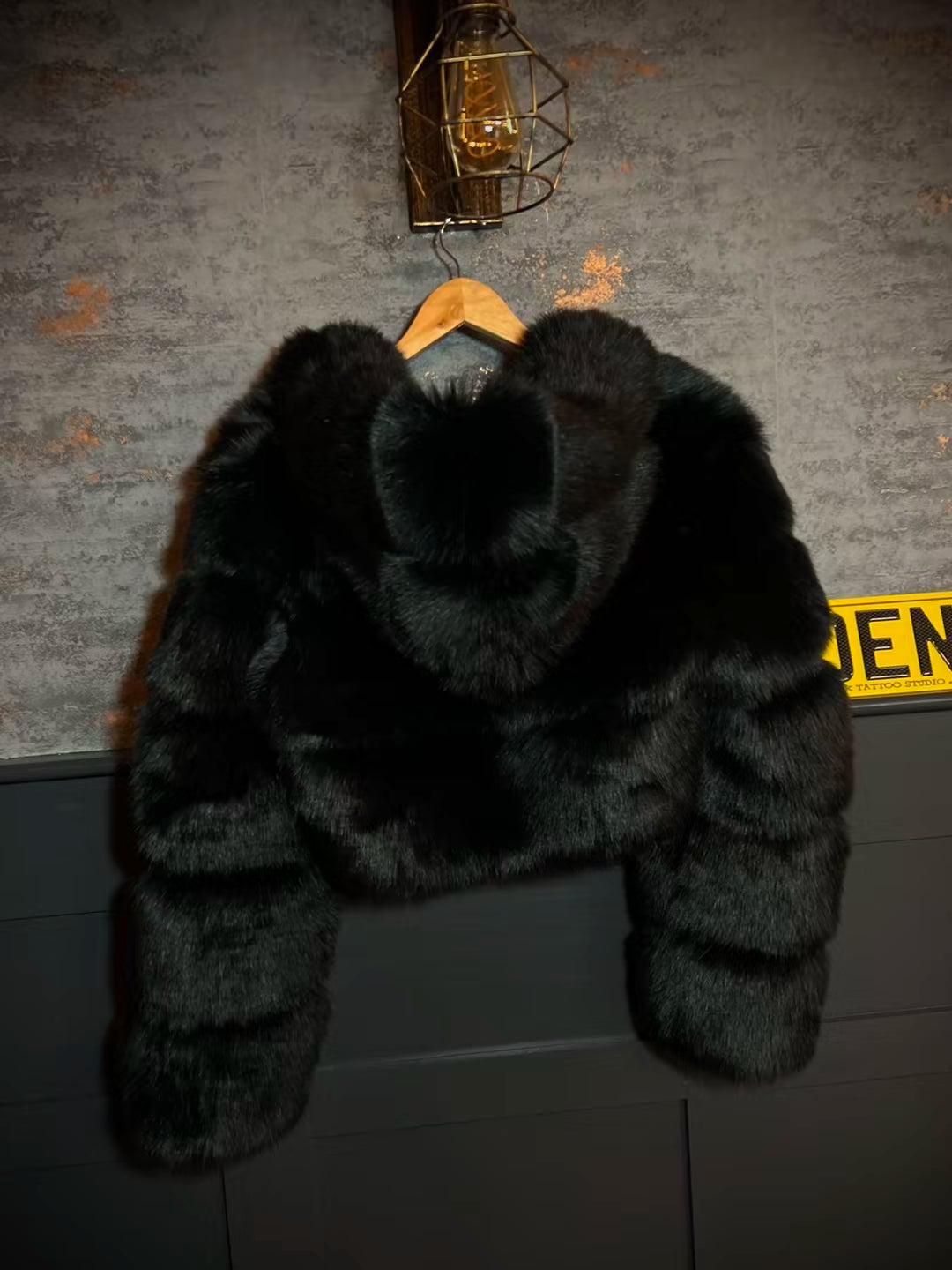 Black Hooded Cropped Faux Fur Coat